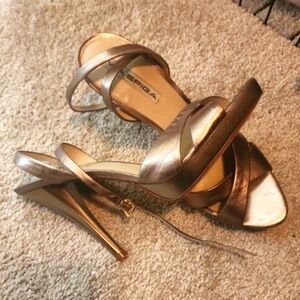 Via Spiga gold ankle strap heels
